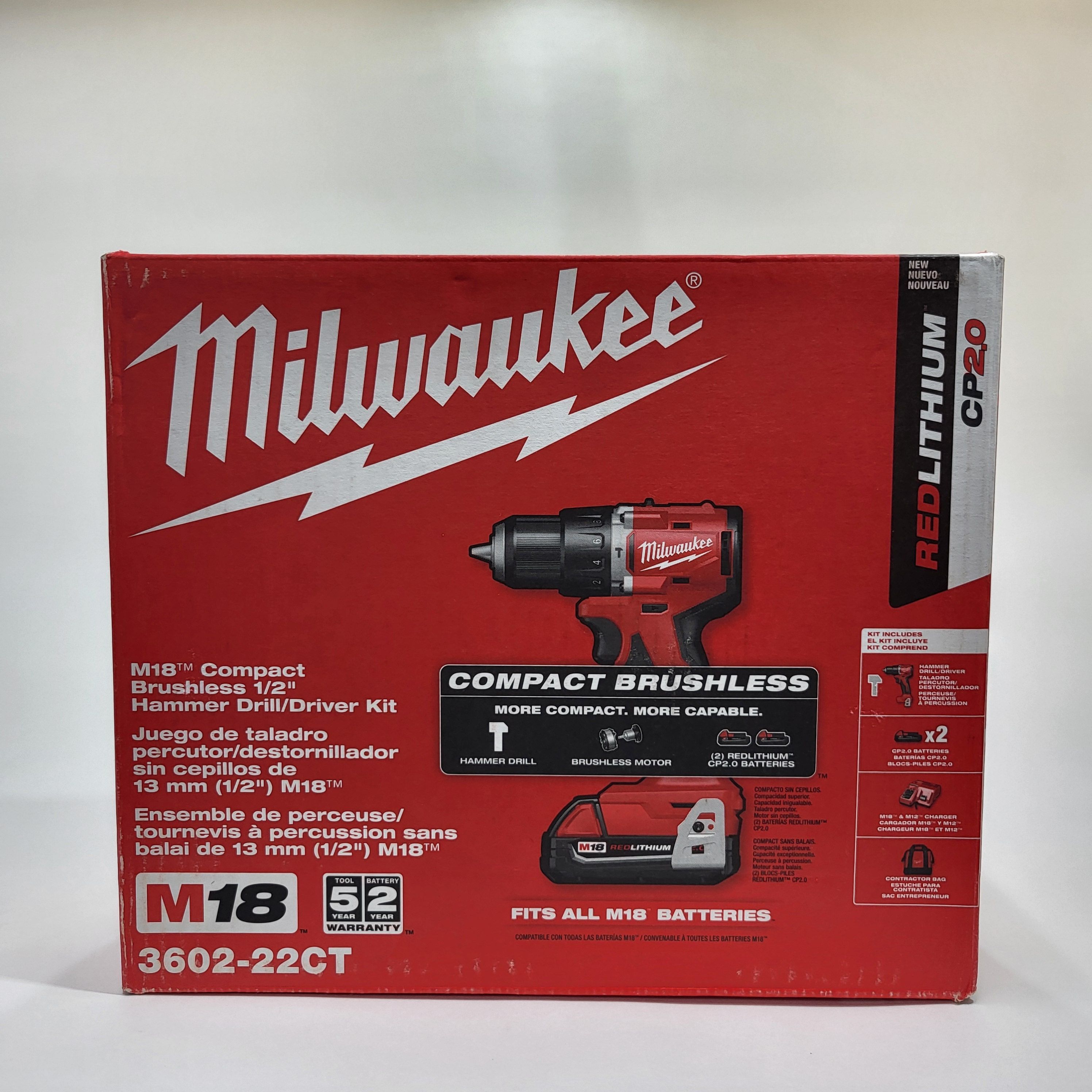New Milwaukee 3602-22CT M18 18V Compact Brushless 1/2" Hammer Drill/Driver