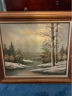 Original oil painting peaceful winter forest