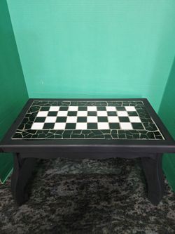 Vintage Mosaic Chess Table Black&White Features Handcrafted Checkered Board Set Into Wooden Frame 10.5"×19.5"×11.5"