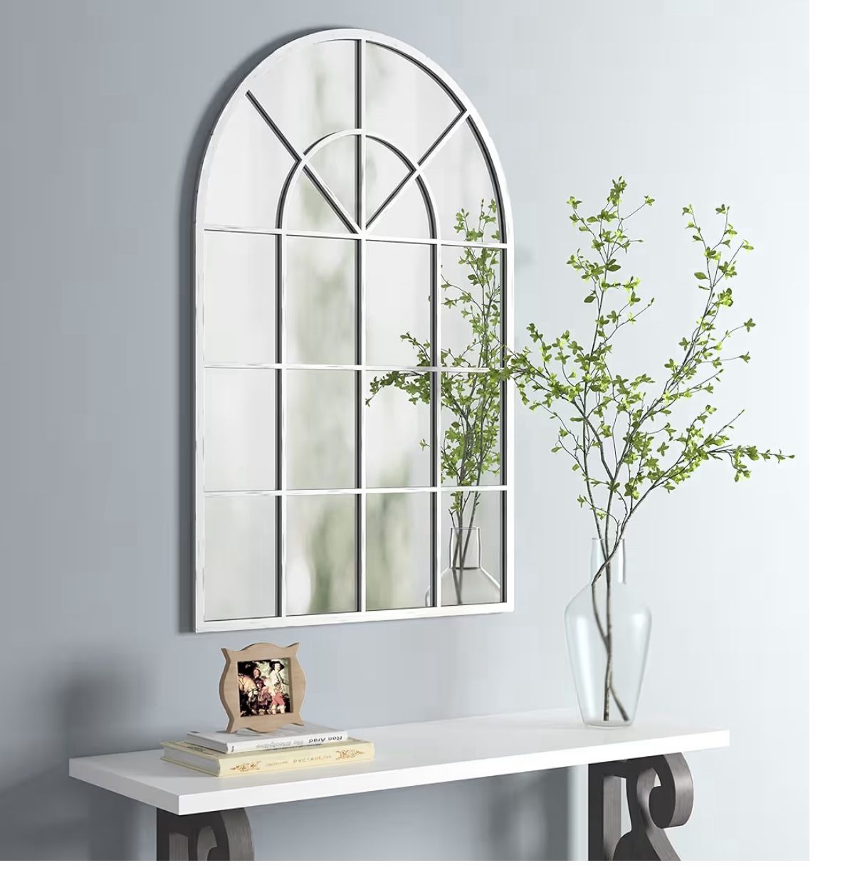 Arched Window Finish Metal Mirror, 32 x 45 Inches, Window Decor for Living Room, Entryway, Off-White