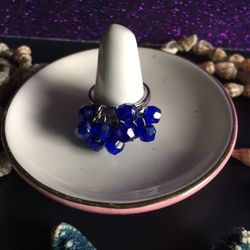 vintage AB blue rhinestone beads silver tone Adjustable ring 