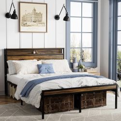 Queen Size Bed Frame with LED Light & Charging Station