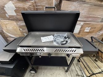 ROVSUN 3 Burner Propane Gas Stove & 33'' Griddle Combo with Ignition 225,000 BTU High Output, Storage Shelves, Portable Wheel & Regulator for Home Out