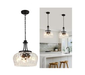 0969: New Modern Pendant Lights Kitchen Island, 3-Light Black Pendant Light Fixtures with 14.2" Clear Hammered Glass Shade, Industrial Hanging Pendant