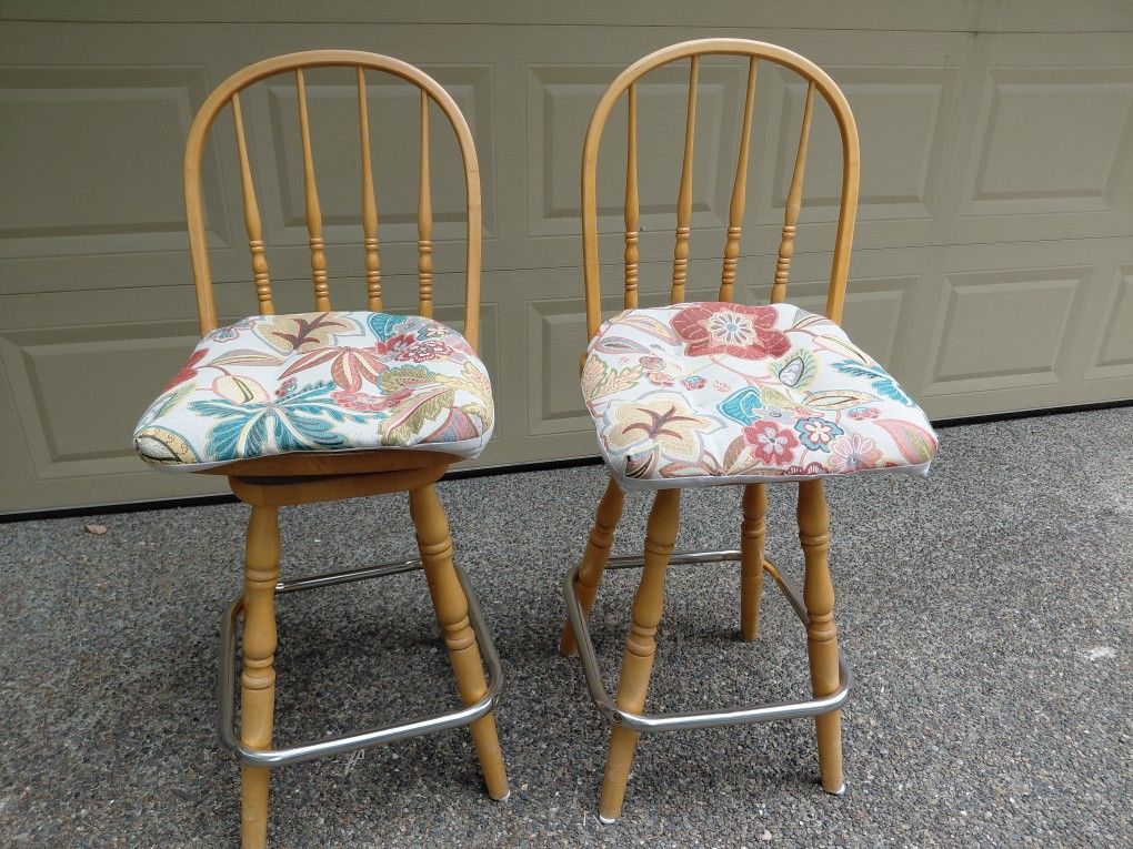 FREE .. Two Matching Maple Barstools & cushions