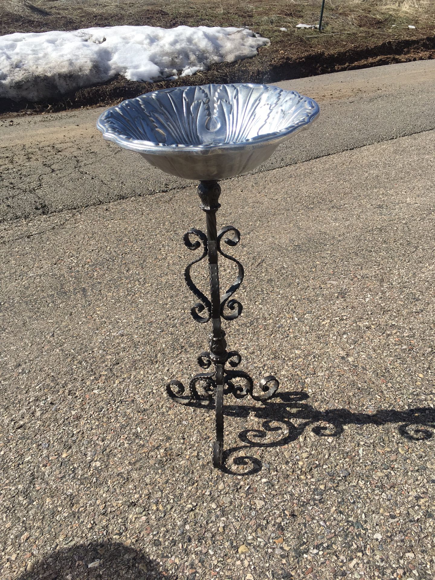 Bird Bath Feeder- Pewter Ornate Flowered Dish "The Wilton Company" with Wrought Iron Heavy Stand!