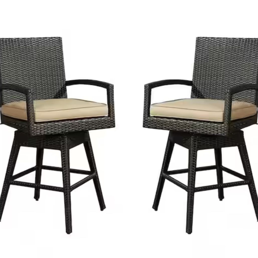Swivel Wicker Outdoor Bar Stool with Beige Cushion (2-Pack)