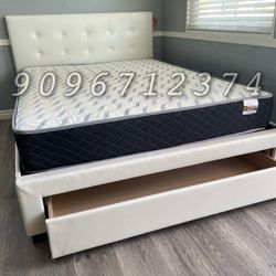 Queen Size White Tufted Platform Bed w. Drawer & Orthopedic Mattress Included 