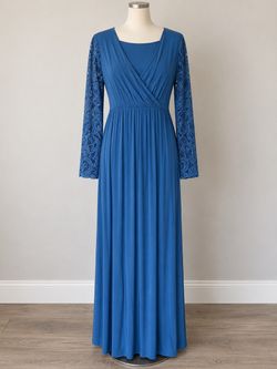 Blue Maxi Dress with Lace Sleeves