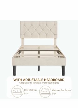 VECELO Twin Size Bed Frame, Upholstered Platform with Adjustable Diamond Tufted Headboard, Wood Slat Support, No Box Spring Needed, Pala Beige
