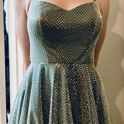 Silver-green Sequin Fitted Halter top Full Skirt Prom Dress