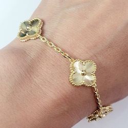 18k Gold Floral Flower Gold Women's Chain Pearls Bracelet Gift
