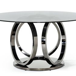 MODERN MIAMI SMOKED GLASS & BLACK STAINLESS STEEL ROUND DINING TABLE