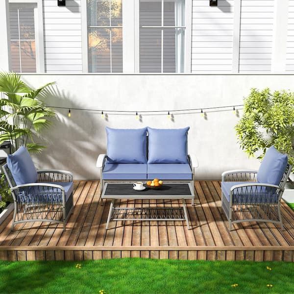 New In Box 4-Piece Metal Patio Conversation Set with Thick Blue Cushions, Rectangular Table