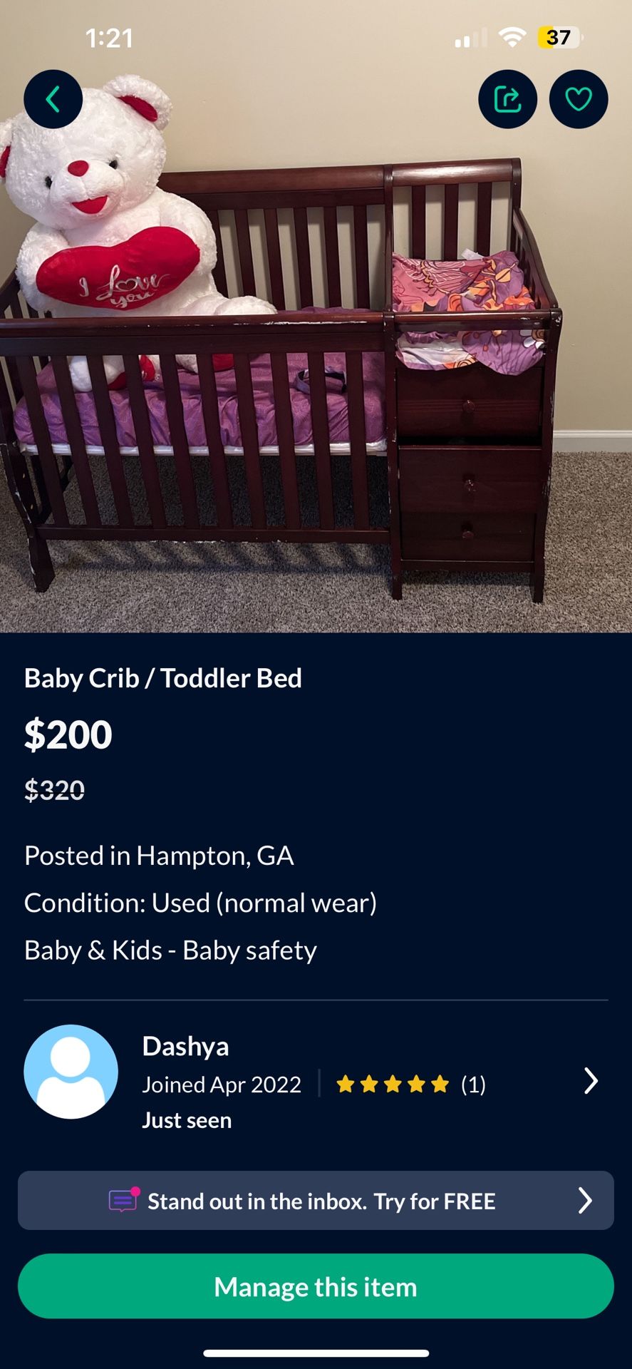 Baby Crib /toddler Bed Never Used 