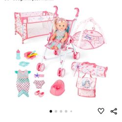 deAO Baby Doll Stroller Crib Bed Nursery Role Play Set Baby Doll Accessories and Play Mat,Travel Cot,Foldable Stroller and Travel Bag Birthday for Gir