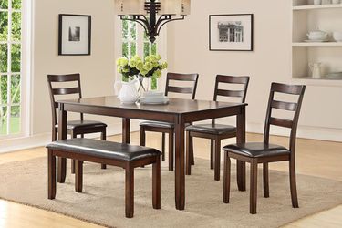 Super Deal! 6-Pcs Dining Set, Wood Dining Set, 4 Chairs , 1 bench with  a Table, Kitchen Furniture, Casual dining room set, Matching Dining Chairs 