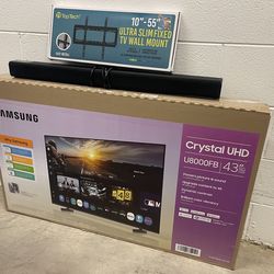 3 ITEM BUNDLE DEAL - NEW OPEN BOX SAMSUNG 43” 4K SMART UHD TV + BRAND NEW WALL MOUNT + ONN SOUNDBAR