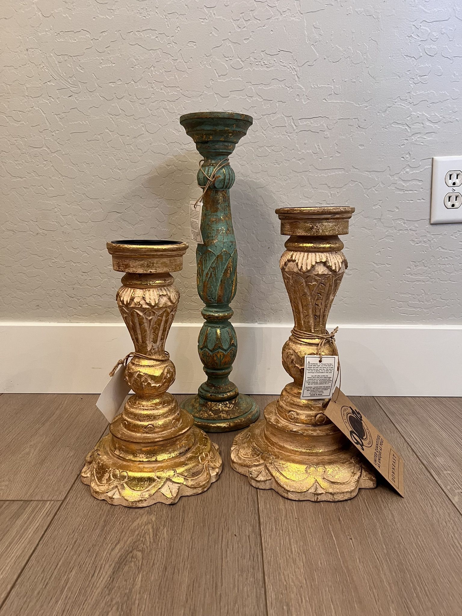 BRAND NEW- 20”, 15” 13” DownEast Ornate Wood Carved Pillar Candle Set