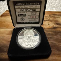 Collectible 1 OZ .999 Pure Silver Coin NFL JOE MONTANA LIMITED Edition COA 