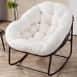 Outdoor Papasan Rocking Chair - Oversized Comfy Patio Chair Indoor Egg Royal Rattan Rocking Chair with Cushion for Front Porch Lounge Lawn Bedroom Liv