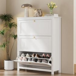 Shoe Cabinet with 3 Flip Drawers, Wood Shoe Storage Cabinet with Adjustable Shelves, Shoe Rack Organizer for Entryway, Hallway, White