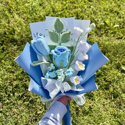 Crochet blue rose and tulip bouquet
