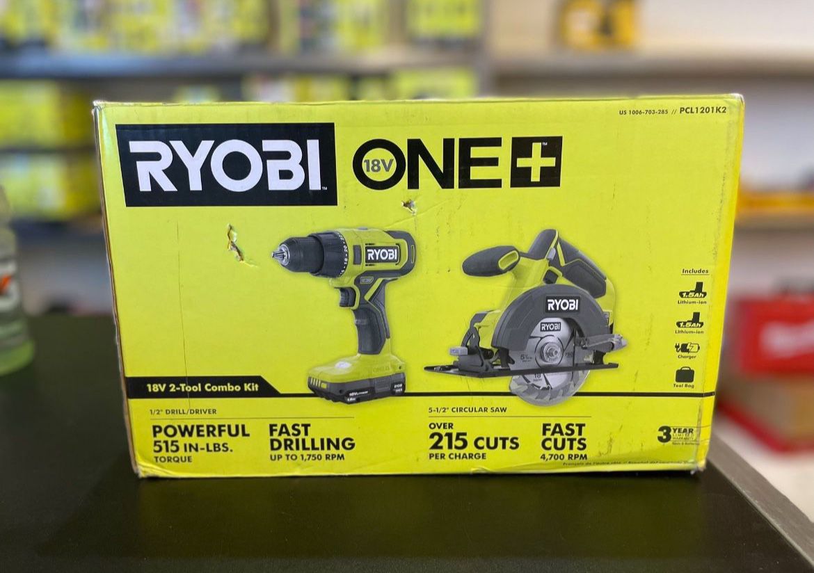 RYOBI ONE+ 18V Cordless 2-Tool Combo Kit with Drill/Driver, Circular Saw, (2) 1.5 Ah Batteries, and Charger PCL1201K2