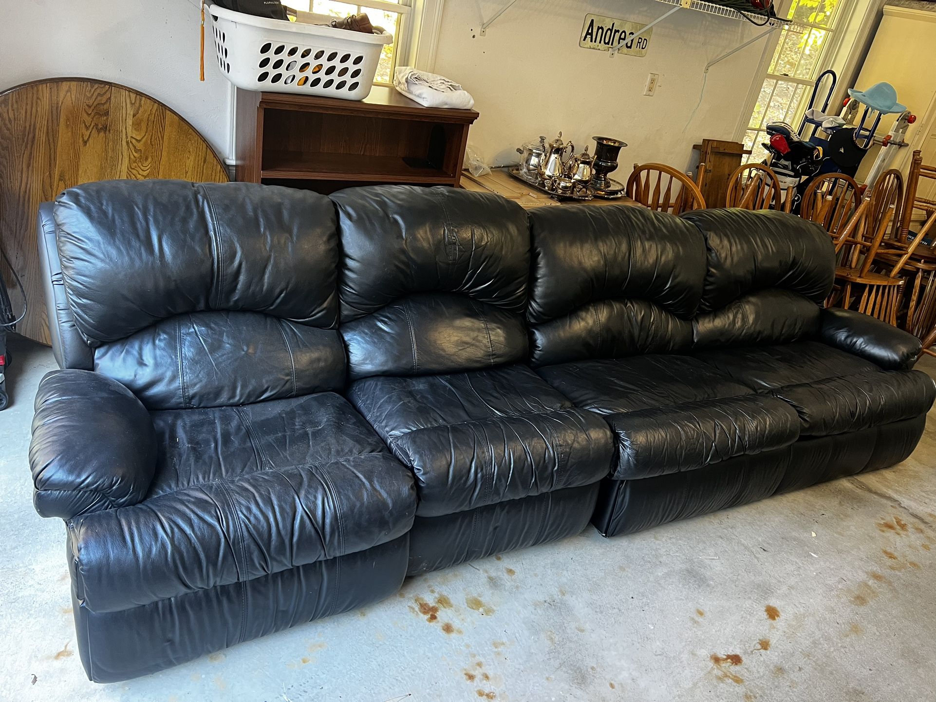 Black Leather Queen Sofa Bed And 2 Recliners Attached