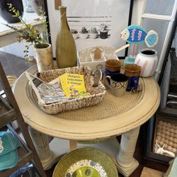 Unique Wooden Round Millstone Coffee Table with Shelf – Distressed Finish & Dark Glaze – Shabby Chic