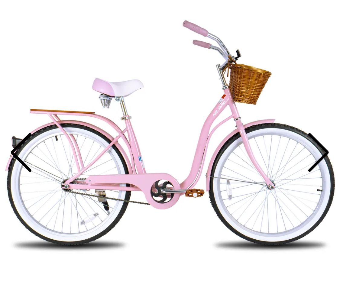 🥨Vintage 26” Adult Cruiser Bike with Rattan Basket, Rear Rack. Pink