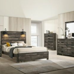 Rustic Grey Industrial Style Bedroom Set with Lamps