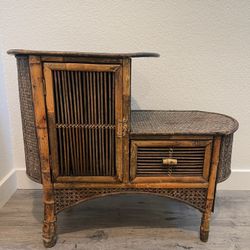 Vintage 1950s Bamboo & Rattan Step Table / Boho Accent Cabinet