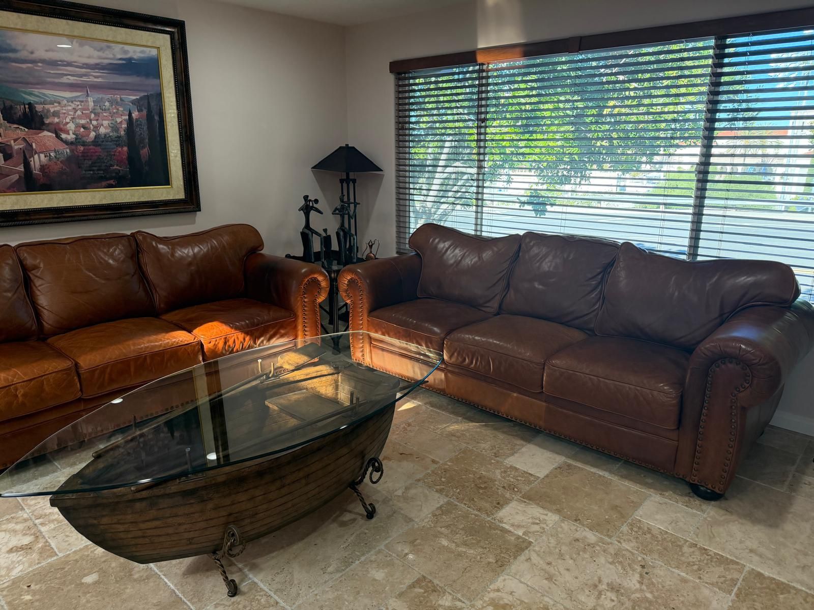 Premium Arizona Leather 3-Seat Sofa Set – Top-Grain Brown Leather, Nailhead Trim, Excellent Condition – $975 – San Diego (92111)