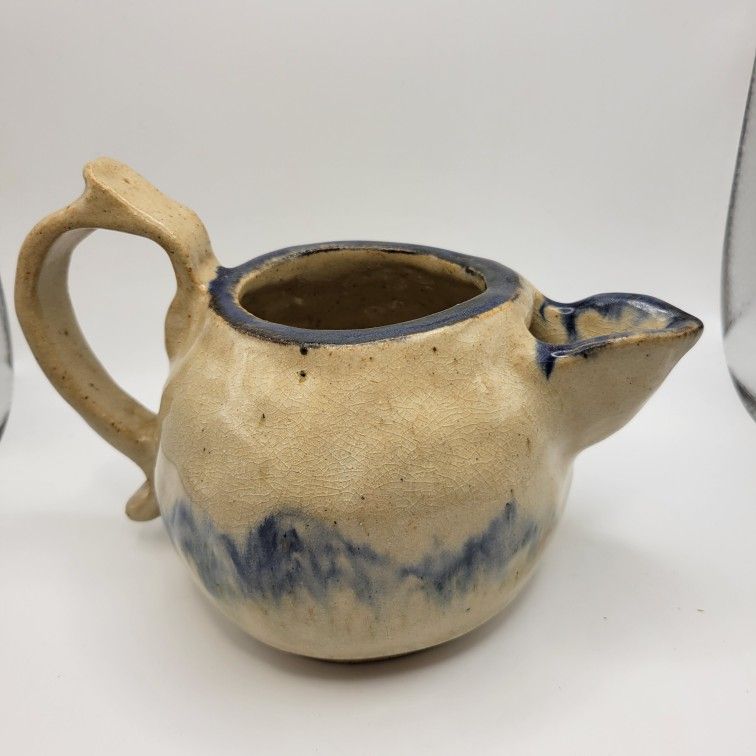 Vintage Heavy Crude Glazed Pottery Pitcher With Handle Signed 'Mark' 5" Tall