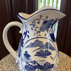 Ceramic White and Blue pitcher, Brand New 9” High X 18” Diameter