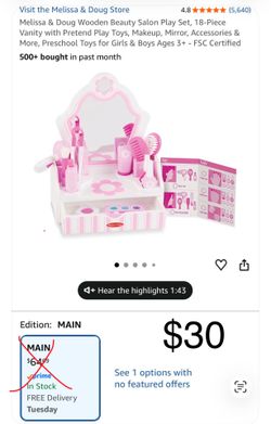 **USED** Melissa & Doug Wooden Beauty Salon Play Set, 18-Piece Vanity with Pretend Play Toys, Makeup, Mirror, Accessories & More, Preschool Toys for G