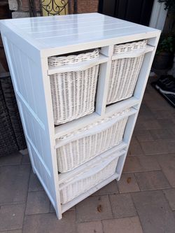 White Wood Storage Unit with Wicker Baskets