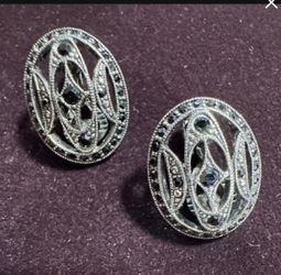 Vintage Art Deco Style Black Rhinestone & Marcasite Clip-On Earrings