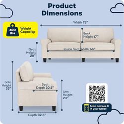  Copenhagen 78" Rolled Arm Sofa, Easy Care Polyester, Soft Pillow Back, Pocket Coil Seat Cushions, Removable Covers, Loveseat or Couch for Small Space