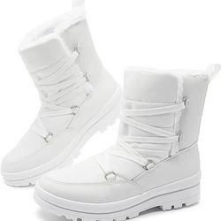 NEW SZ 11 Women Insulated Winter Snow Boots Waterproof Black Fur Lined Warm Mid Calf Non-Slip Ankle Boots - White Lace-Up Platform