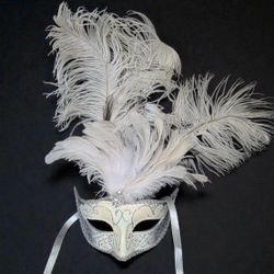 White Silver Glitter Feather And Rhinestone Masquerade Mask