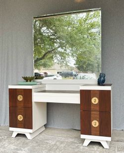 Vintage Hooker-Bassett Vanity with Mirror | Refinished White & Walnut