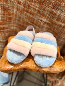 UGG Women's Colorblock Faux Fur Slide Slippers Blue Pink Cream Size 6