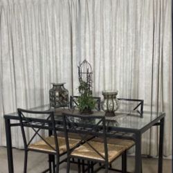 Glass & Iron Dining Table With 4 Rattan Chairs 