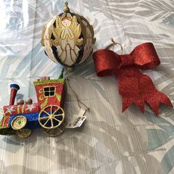 Pier 1 Christmas Ornament Lot Of 3, Bow, Train & Angels, NWT