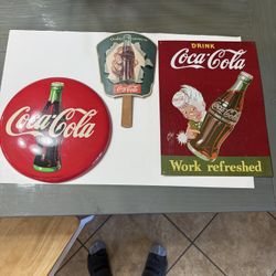 3 Coca-Cola Collectibles, Metal Sign, Round Tin Sign & Vintage Hand Fan