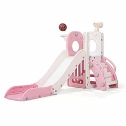 6 in 1 Toddle Slide, Indoor Outdoor Baby Slide with Basketball Hoop