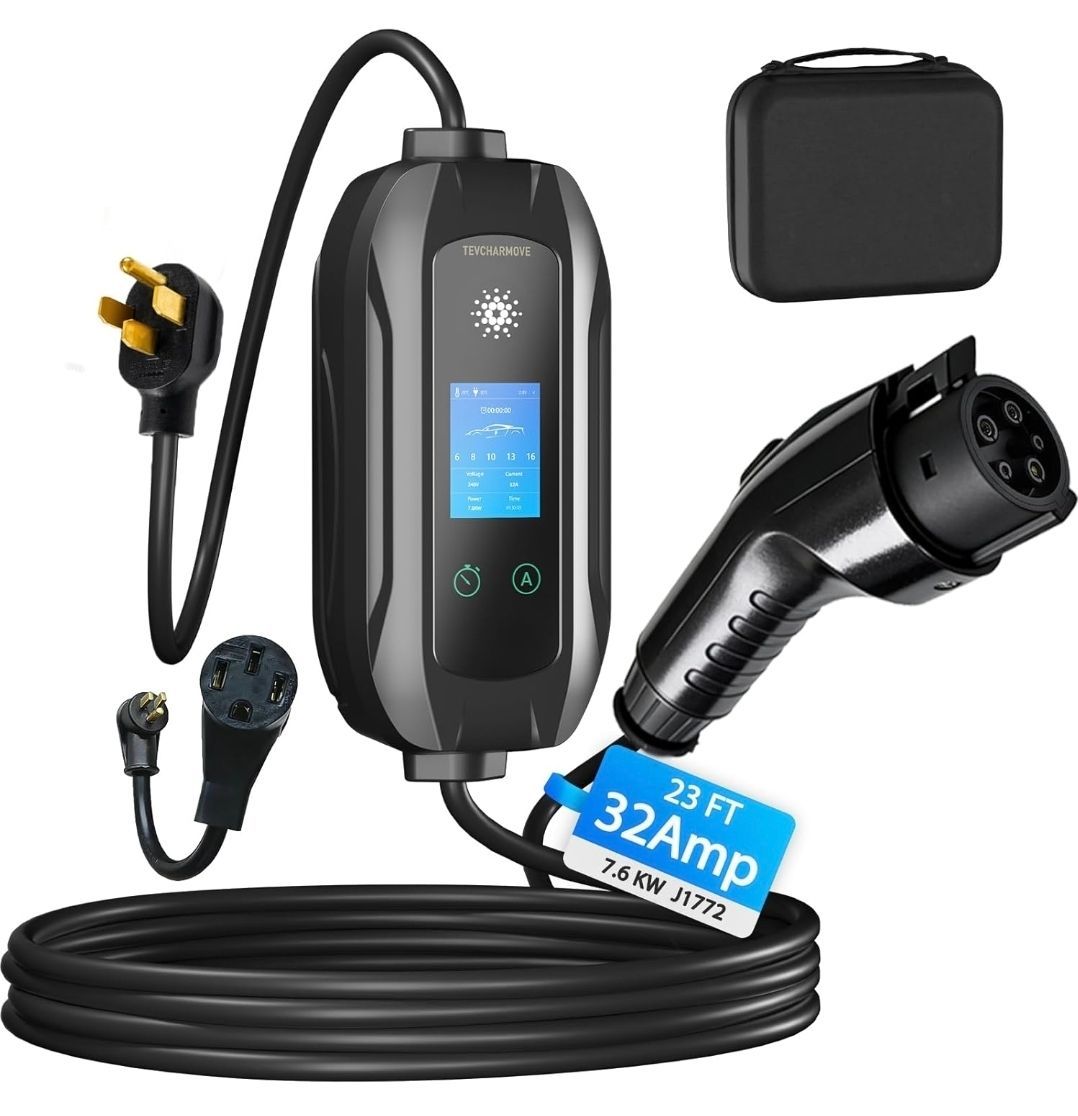 Portable Level 1 & Level 2 EV Charger with J1772 Connector, 23FT Cable, 240V 32A (7.68KW) Electric Car Charger, NEMA 14-50 Plug and NEMA 5-15 Adapter,