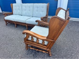 VINTAGE WOODEN SOFA AND CHAIR BLUE COASTAL